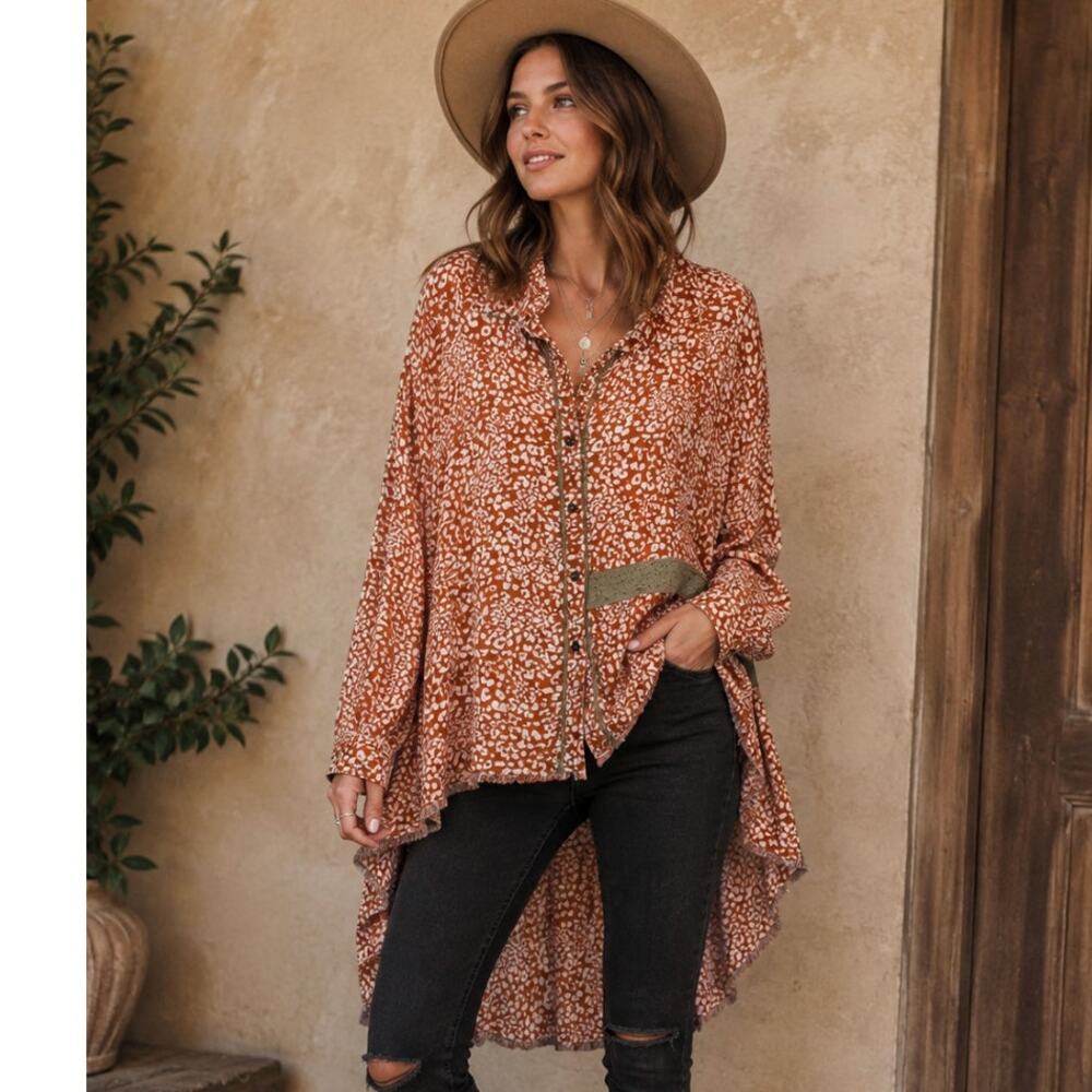 OneTeaspoon Night Prowler Lunar Shirt M Tobacco Animal Print High Low Boho